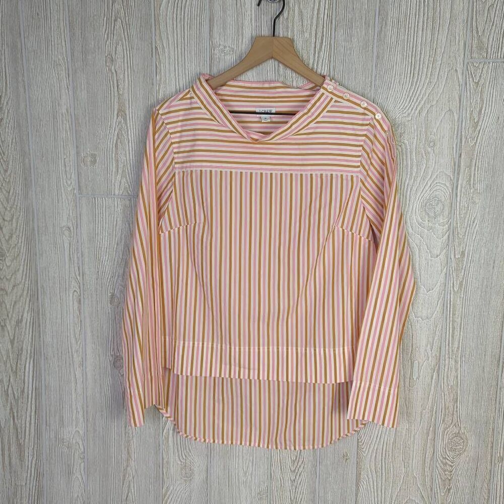 J Crew Womens Size 6 Poplin Top Pink Tan Stripe Funnel Neck Cotton Long Sleeves